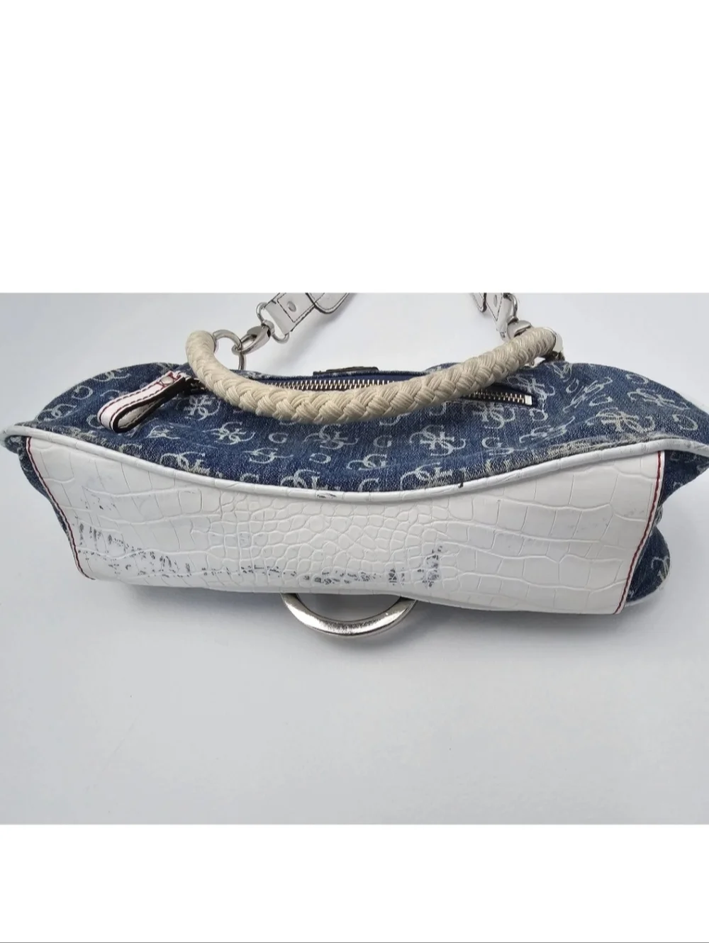 Guess Navy and White Monogram Shoulder Bag with Braided Top Handle - Picture 6 of 7
